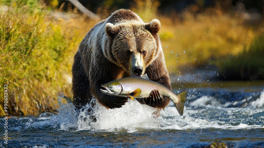 Obraz premium Majestic Grizzly Bear Catching Salmon in Rushing River Waterfall