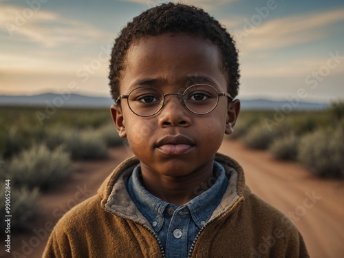 Young African American boy with curly hair wearing glasses and brown jacket, standing in rural outdoor setting with cloudy sky in background
