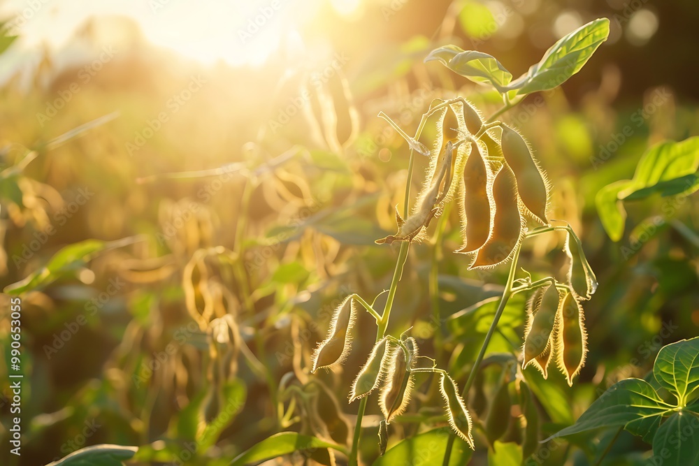 Fototapeta premium Soybean field with dew drops in the morning light.