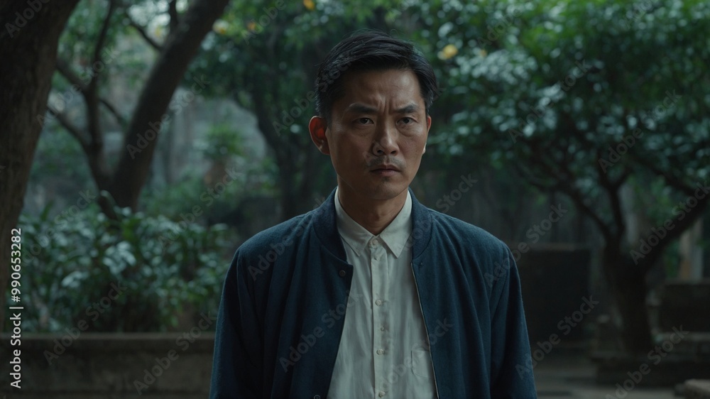 Middle-aged Asian man with short dark hair wearing light-colored shirt and dark jacket, standing in lush, green outdoor setting Middle-aged Asian man with short dark hair wearing light-colored shirt and dark jacket, standing in lush, green outdoor setting