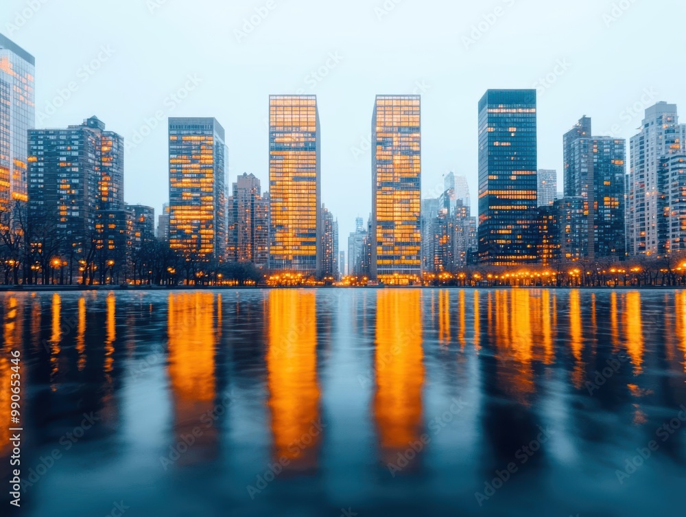 Fototapeta premium Vibrant city skyline at dusk, with glowing windows and streetlights reflecting on water, capturing urban life in motion, glowtime, city shine