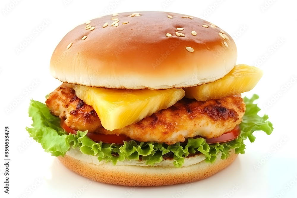 Delicious Chicken Pineapple Burger isolated on white background Delicious Chicken Pineapple Burger isolated on white background