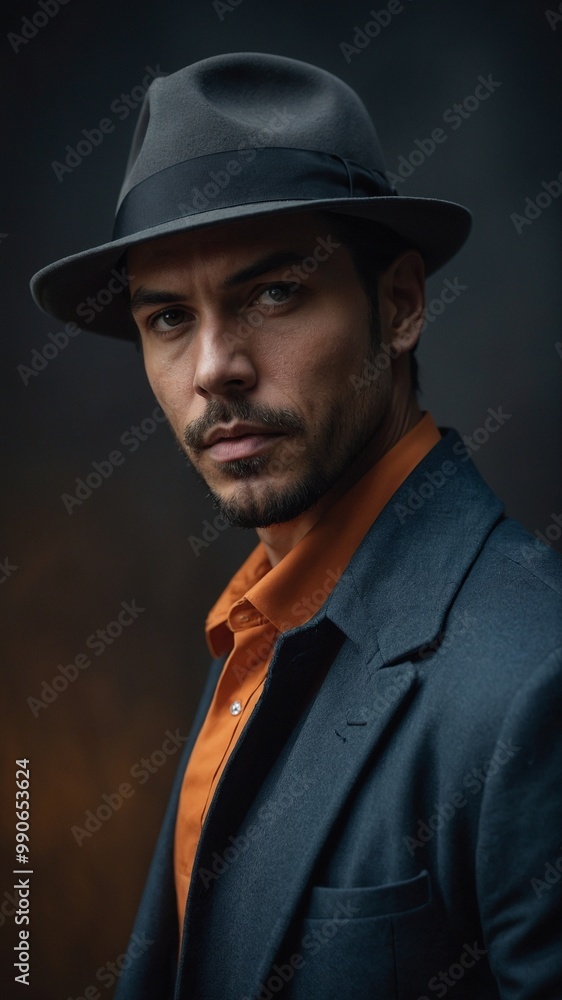 Middle-aged Hispanic man with short dark hair and beard, wearing blue jacket and orange shirt, looking directly at camera with serious expression Middle-aged Hispanic man with short dark hair and beard, wearing blue jacket and orange shirt, looking directly at camera with serious expression