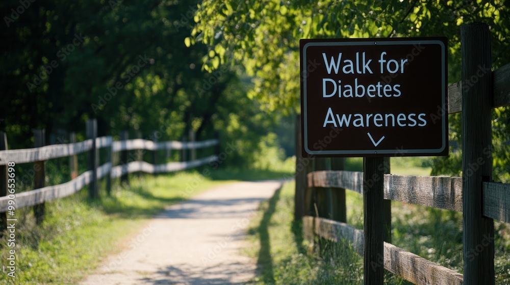 A sign on a path promoting a walk for diabetes awareness. A sign on a path promoting a walk for diabetes awareness.