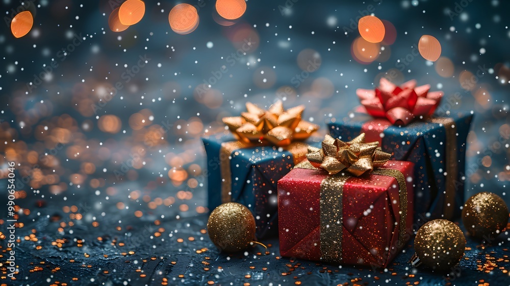 Blue defocused holiday background with Christmas gift boxes in different colors and gold bows Blue defocused holiday background with Christmas gift boxes in different colors and gold bows