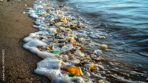 Beach filled with washed-up plastic debris as the waves push more waste ashore highlighting the environmental impact on nature's beauty