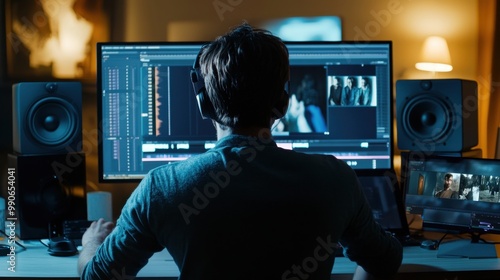 Photo of a video editor looking at the monitor sitting comfortably in a chair and wearing headphones. editing video professionally in a slightly dark room and lights and computer screen light