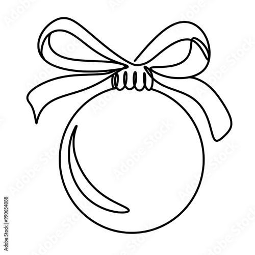 Christmas ball with ribbon bow one continuous line drawing. 