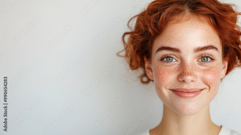 Smiling young woman with curly hair and freckles against a light blue background. Smiling young woman with curly hair and freckles against a light blue background.