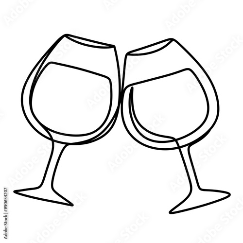 Wine glasses clinking one line art drawing 