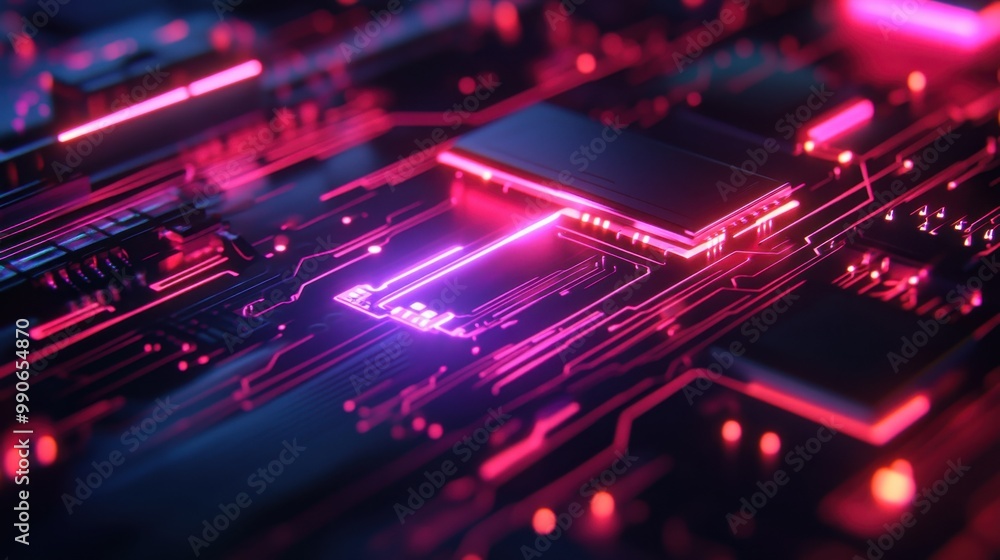 Fototapeta premium Futuristic microchip design with neon data streams flowing across intricate circuit patterns symbolizing advanced information technology