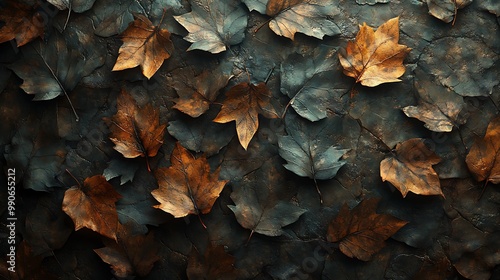 A hyper-realistic leaf composition forming a rich, natural background, with each leaf displaying detailed veins and surface textures.