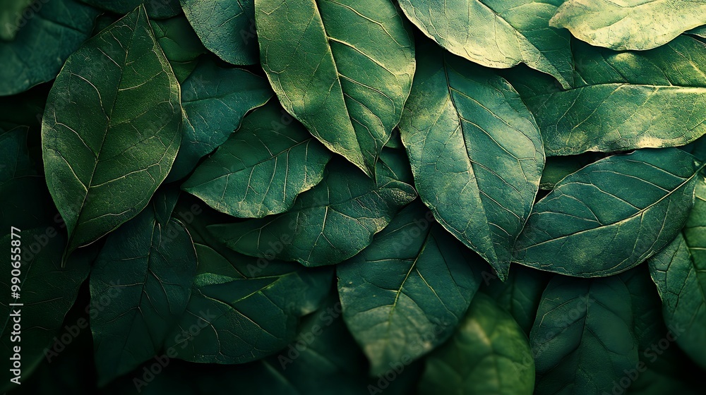 Obraz premium A striking background of overlapping leaves, rendered in hyper-realistic detail, with textures and veins clearly visible on every surface.