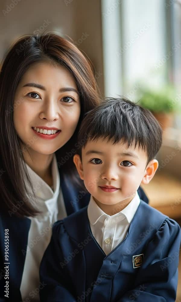 Asian preschooler sitting with his mother in a graduate-style uniform Asian preschooler sitting with his mother in a graduate-style uniform