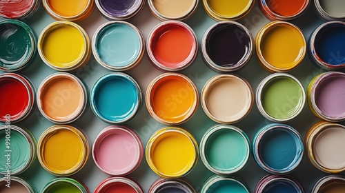 A colorful arrangement of open paint cans showcases an array of hues for creative endeavors photo