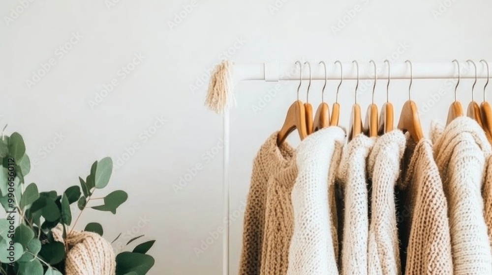 © pvl0707 - A collection of cozy neutral knit sweaters hanging on a minimalist rack against a bright white backdrop for a serene fashion display © pvl0707 - A collection of cozy neutral knit sweaters hanging on a minimalist rack against a bright white backdrop for a serene fashion display