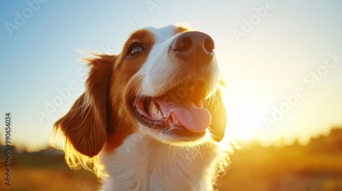 In the serene glow of the evening, an adorable welsh springer spaniel stands proudly, basking in the warm golden light and exuding happiness as it enjoys the peaceful moment. photo