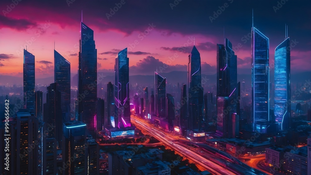 Obraz premium AI-Generated Image of Cyberpunk City Sky Line