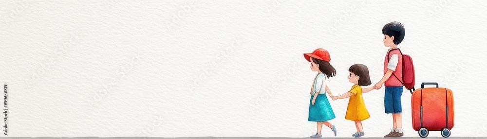 Family walking with luggage, white isolated background Family walking with luggage, white isolated background