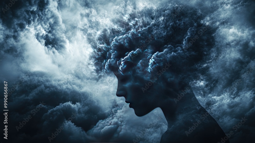 A silhouette of a person with a cloud-like head, symbolizing thoughts and emotions. A silhouette of a person with a cloud-like head, symbolizing thoughts and emotions.