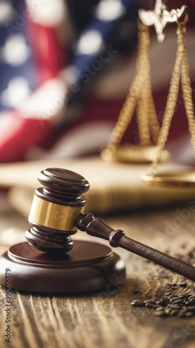 Gavel and scales on wooden table photo