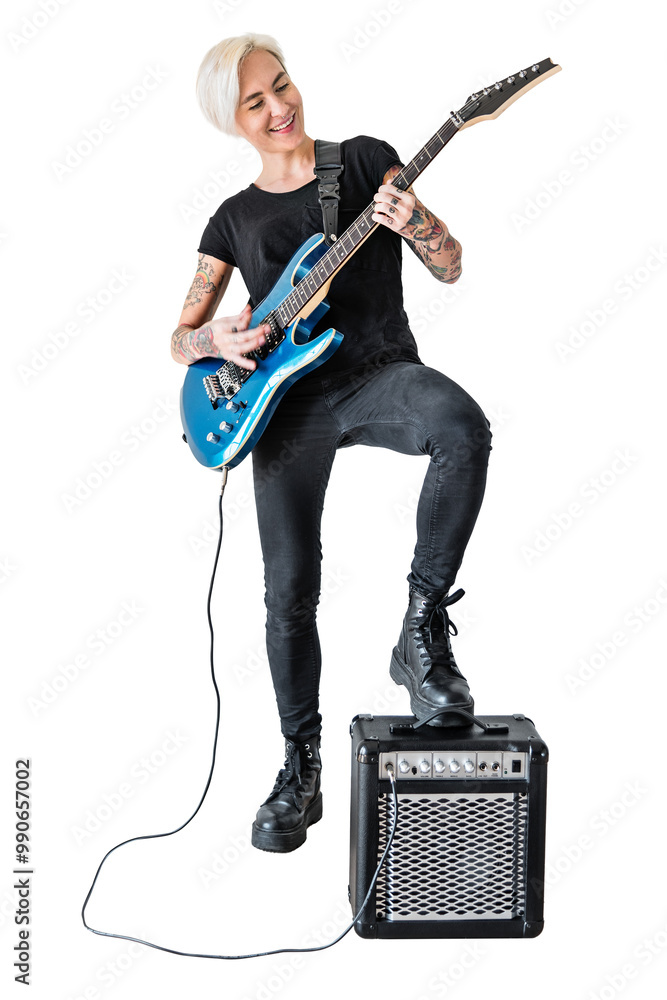 Obraz premium PNG Tattooed woman playing electric guitar, collage element, transparent background