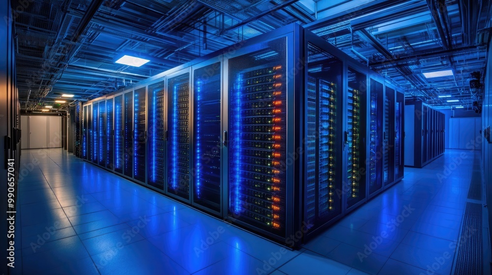 Modern cloud computing industry clean energy data center with cutting edge servers and renewable energy technology Modern cloud computing industry clean energy data center with cutting edge servers and renewable energy technology