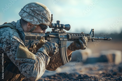 Soldier aiming with a rifle during a training exercise at twilight