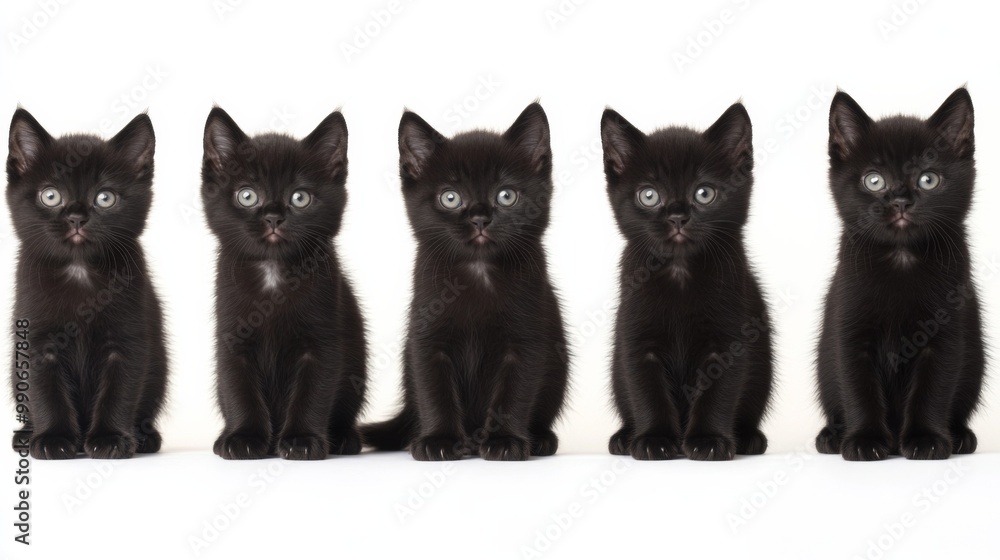 A delightful array of five black kittens sits in perfect alignment on a luminous white surface. Their enchanting eyes and playful demeanor are sure to capture hearts with every glance. A delightful array of five black kittens sits in perfect alignment on a luminous white surface. Their enchanting eyes and playful demeanor are sure to capture hearts with every glance.
