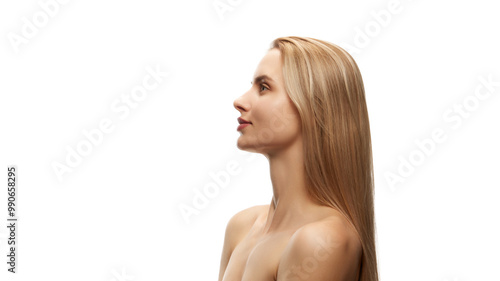 Sie view portrait of beautiful blonde woman with perfect face shape and spotless skin isolated on white background. Face building, lifting. Natural female beauty, skin care, cosmetics and cosmetology
