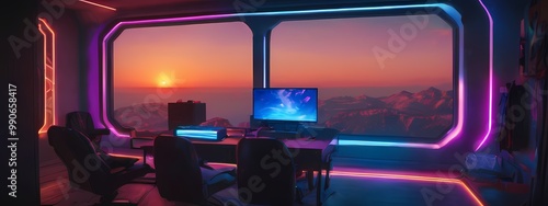 Shiny gamer room with bright shining led lights and sunset in background. Highly detailed ultrawide illustration in 32:9 aspect ratio