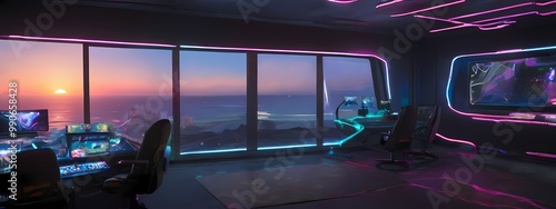 Shiny gamer room with bright shining led lights and sunset in background. Highly detailed ultrawide illustration in 32:9 aspect ratio
