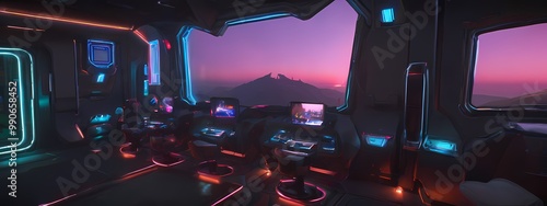 Shiny gamer room with bright shining led lights and sunset in background. Highly detailed ultrawide illustration in 32:9 aspect ratio