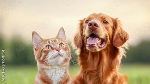 A playful tabby cat and gentle Nova Scotia Duck Tolling Retriever sit side by side in a lush green meadow, showcasing their unlikely friendship under the warm sunlight.