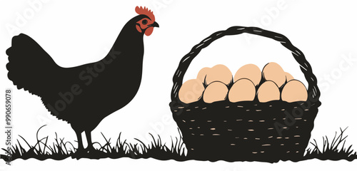 Vector of a chicken beside a basket full of eggs, representing traditional farm life, perfect for agricultural branding.