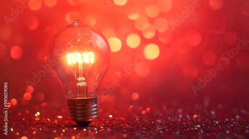 A glowing light bulb sits on a bed of gold glitter with an orange and yellow bokeh background.