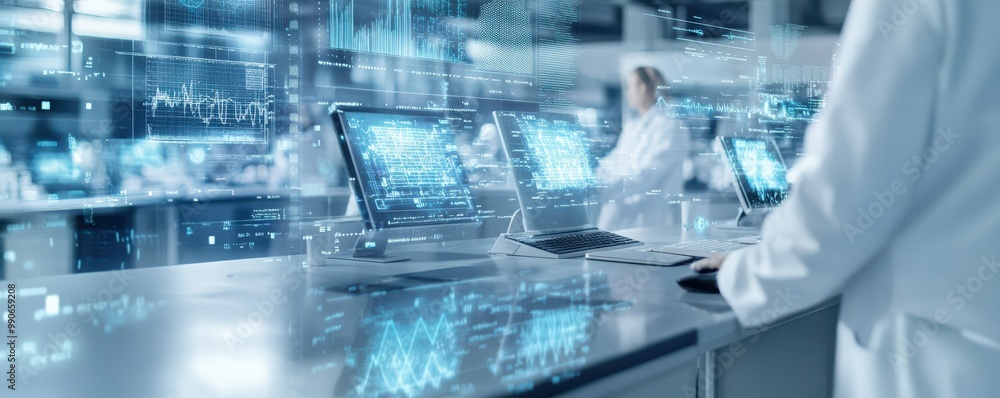 A futuristic laboratory scene showcasing advanced technology and data visualization on modern computer screens. A futuristic laboratory scene showcasing advanced technology and data visualization on modern computer screens.
