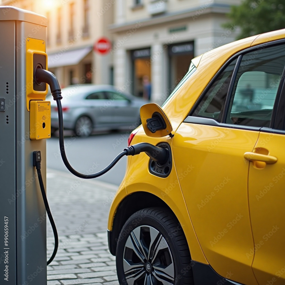 Electric yellow family car is charging in station, urban electro charger, green eco technology concept Electric yellow family car is charging in station, urban electro charger, green eco technology concept