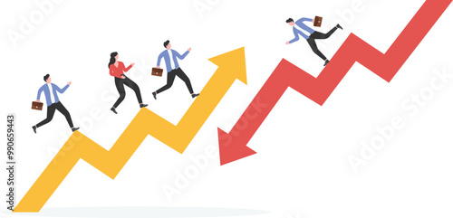 Unpredictable outcomes and processes in career or business development, volatile instability of market prices or profits, equidistant falling arrows and rising arrows around a group of working busines