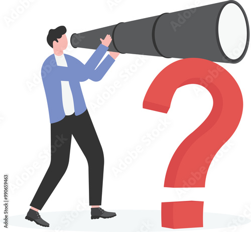Finding problems and troubles, doubt or uncertainty, searching for answers or meaning, the businessman standing with binoculars in front of a question mark looking into the distance
