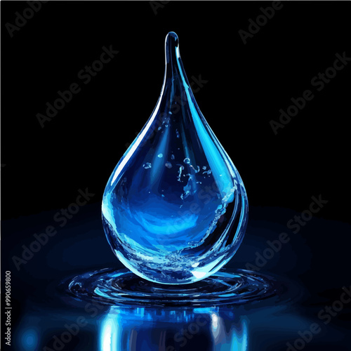 Futuristic vector water drop symbol in glowing blue. Perfect for water conservation, sustainability, and technology-related content.