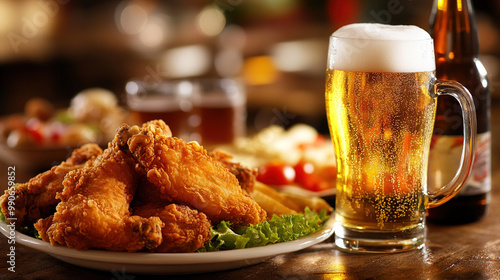 Close-up of fried chicken wings coated in golden batter, paired with cold beer and lime, placed on a rustic wooden table, showing a delicious food scene.