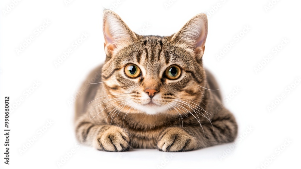 This delightful crossbreed cat sits attentively, gazing directly at the viewer with wide, expressive eyes, exuding charm and curiosity against a bright, white backdrop. This delightful crossbreed cat sits attentively, gazing directly at the viewer with wide, expressive eyes, exuding charm and curiosity against a bright, white backdrop.