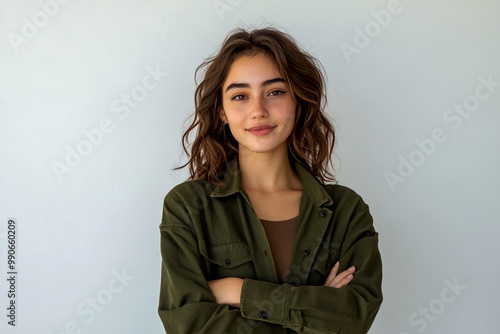 A young woman in casual standing isolated against a white background.