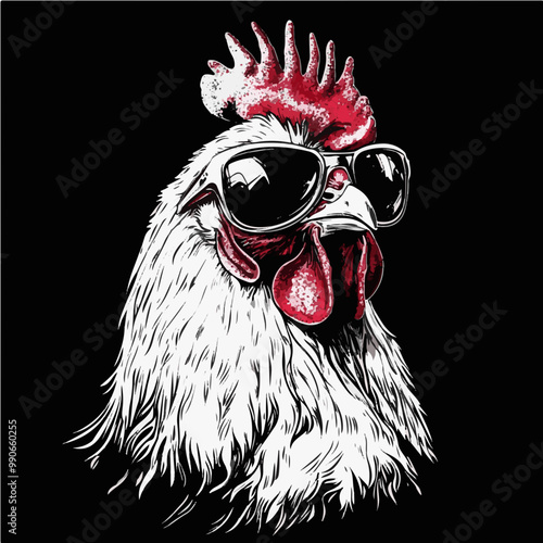 Color vector illustration of a rooster wearing sunglasses, adding a vibrant and fun twist to farm and poultry designs.