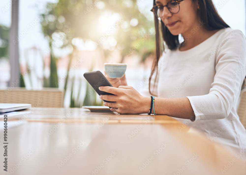 Woman, outdoor and phone for break at cafe, surfing social media and check email for opportunity. Female person, drinking coffee and relax at restaurant, hospitality service and reading article Woman, outdoor and phone for break at cafe, surfing social media and check email for opportunity. Female person, drinking coffee and relax at restaurant, hospitality service and reading article