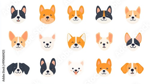 Delight in this charming collection of adorable dog heads, showcasing whimsical corgi, beagle, and poodle characters that radiate joy and personality.