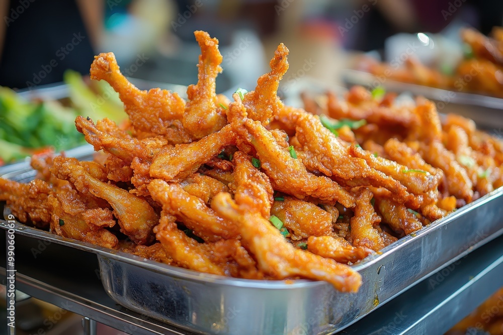 A close view of freshly made fried chicken feet a popular and affordable Thai street food that s flavorful A close view of freshly made fried chicken feet a popular and affordable Thai street food that s flavorful