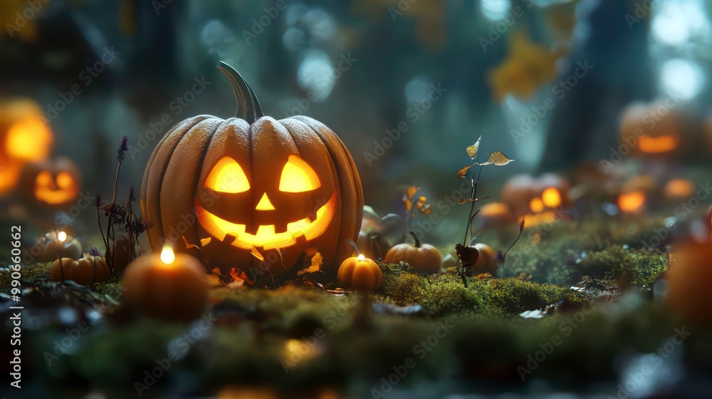 A lit jack-o-lantern sits in the middle of a patch of green moss with other pumpkins behind it. A lit jack-o-lantern sits in the middle of a patch of green moss with other pumpkins behind it.