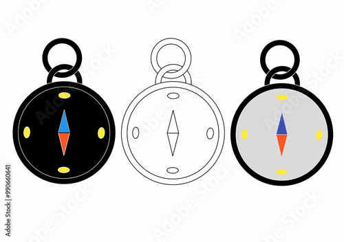 The image shows three pocket watch-like designs, each with a compass needle. The left design has a black face, the center is an outline, and the right has a gray background with colored needles.